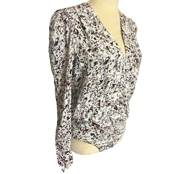 AFRM Bodysuit Puffed Ruched Sleeves Plunged Overlap V Neck Abstract Sz M - Picture 5 of 10